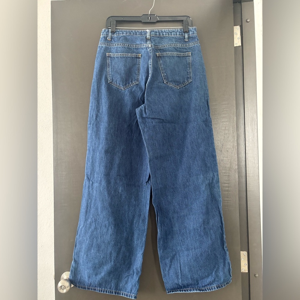 High Waisted Heart Print Wide Leg Jeans | Dark Wash Denim Size Large - Picture 4 of 5